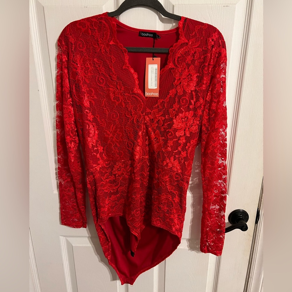 Red, lace bodysuit